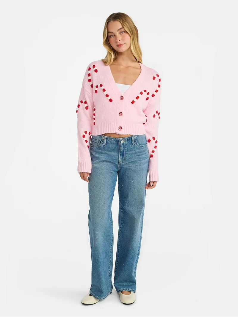 No Boundaries Embroidered Christmas Cardigan, Women's & Women's Plus | Walmart (US)