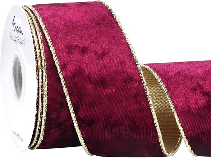 Ribbli Burgundy Velvet Wired Ribbon 2.5 Inch Metallic Burgundy Red Gold Crushed Velvet Christmas ... | Amazon (US)