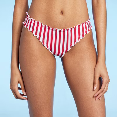 Women's Striped Ruffle Cheeky Bikini Bottom - Shade & Shore™ Red/White | Target