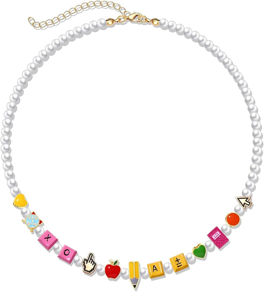 Teacher Back to School Necklace First Day of School Motif Multiple Charm Pearl Choker Cute Y2K Summer Beach Collar Teacher's Day Birthday Holiday Jewelry Accessory Gifts | Amazon (US)