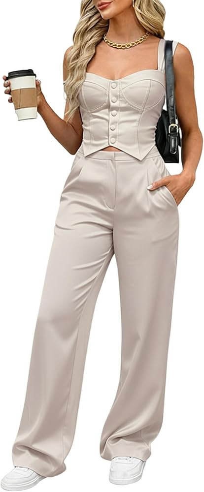 CHICME Women's 2 Piece Outfit Thick Strap Button Front Tank Top with Wide Leg Pants Casual Outfit... | Amazon (US)