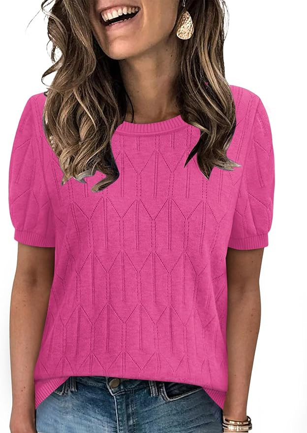Sampeel Short Sleeve Sweater for Women Round Neck Knit Work Tops Beach Fashion Vacation Clothes S... | Amazon (US)
