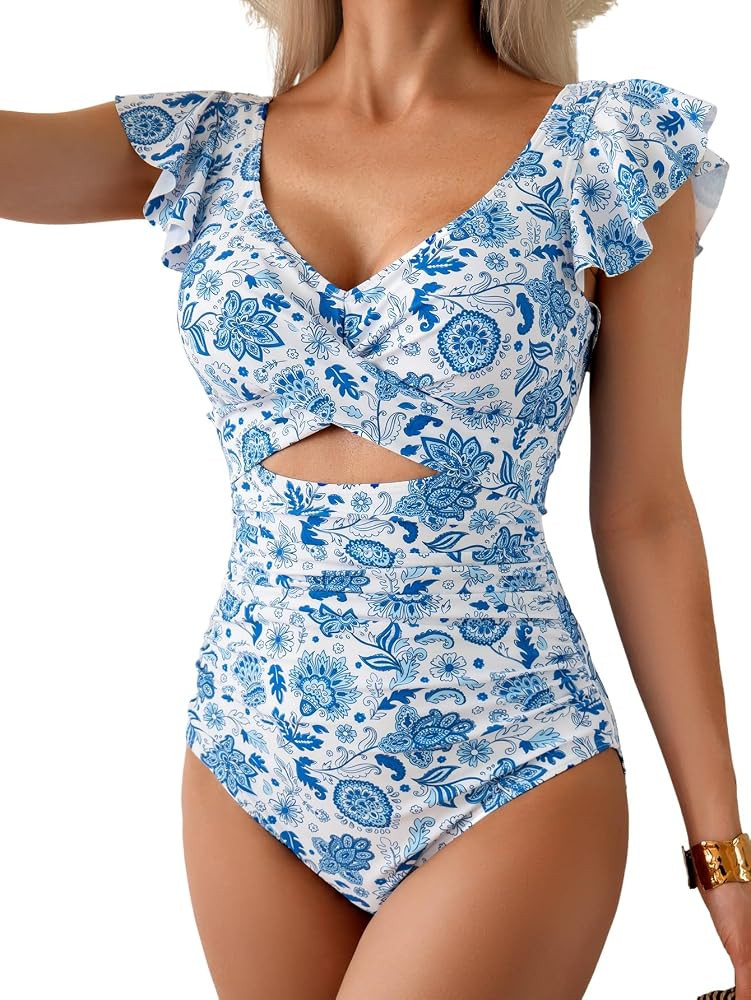 B2prity One Piece Swimsuits for Women Ruffle Sleeve V Neck Bathing Suit Tummy Control Cutout Mono... | Amazon (US)