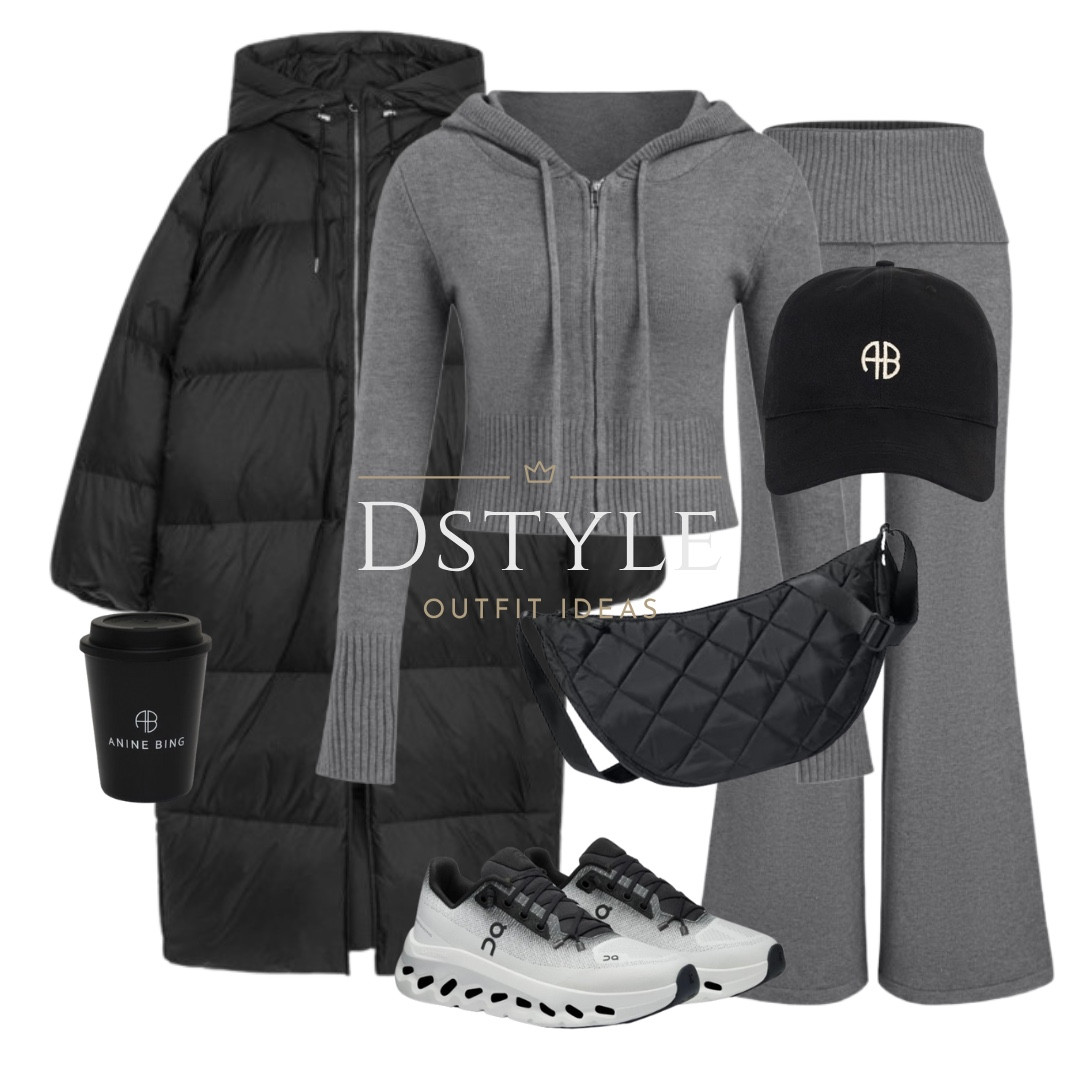 Dark grey knit hooded cropped cardigan, matching dark grey knit flared trousers, black puffer coat, jacket, black baseball cap, black round shoulder quilted bag, On black/ivory Cloudtilt sneakers, a set of reusable double-walled polypropylene travel cups with lids in black and white Anine Bing 
Athleisure, running errand outfit, monochrome look


#LTKItBag #LTKStyleTip #LTKShoeCrush