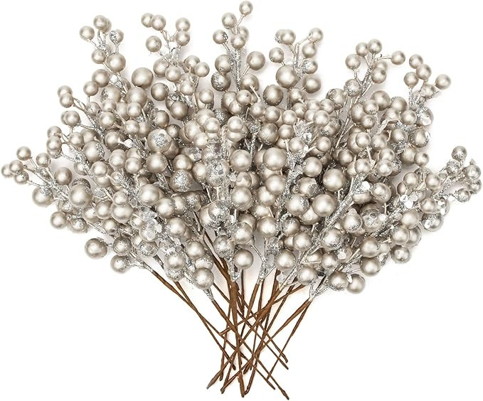 20 PCS Artificial Christmas Berry Picks, 8.7" Faux Berry Stems Spray with Glitter Paillette for D... | Amazon (US)