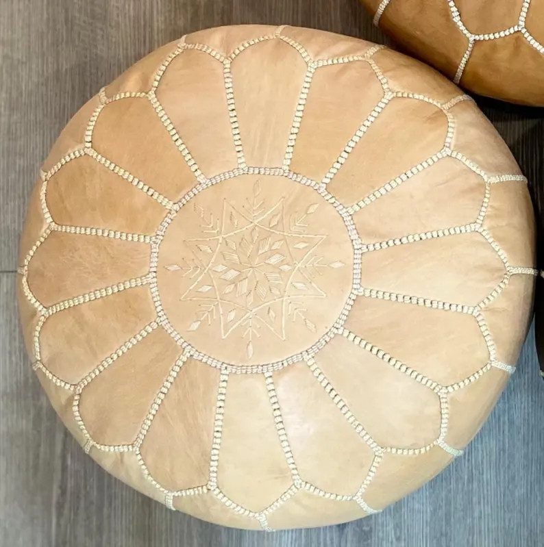 Handmade Moroccan Leather Pouf - Embroidered Ottoman Footstool - Etsy | Etsy (US)