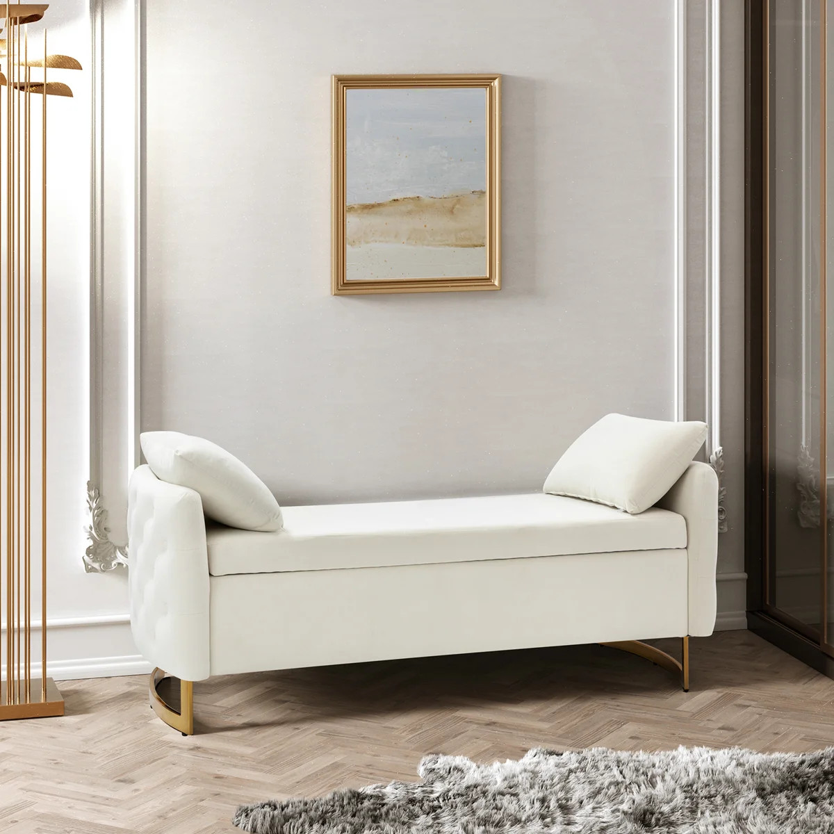 Aristides 58.5" W Upholstered Flip-Top Storage Bench with Two Pillows | Wayfair North America