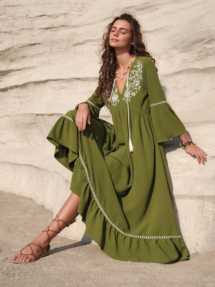 SHEIN BohoFeels Vacation Ruffled Cuffs And Skirt Dress | SHEIN