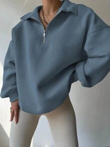 INAWLY Women Casual Loose Fit Drop Shoulder Zipper Crew Neck Long Sleeve Sweatshirt, Autumn,Long ... | SHEIN