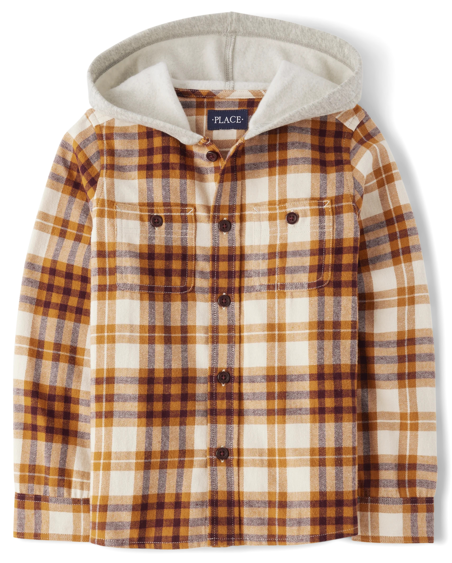 Boys Plaid Flannel Button Up Hoodie Top - hay stack | The Children's Place