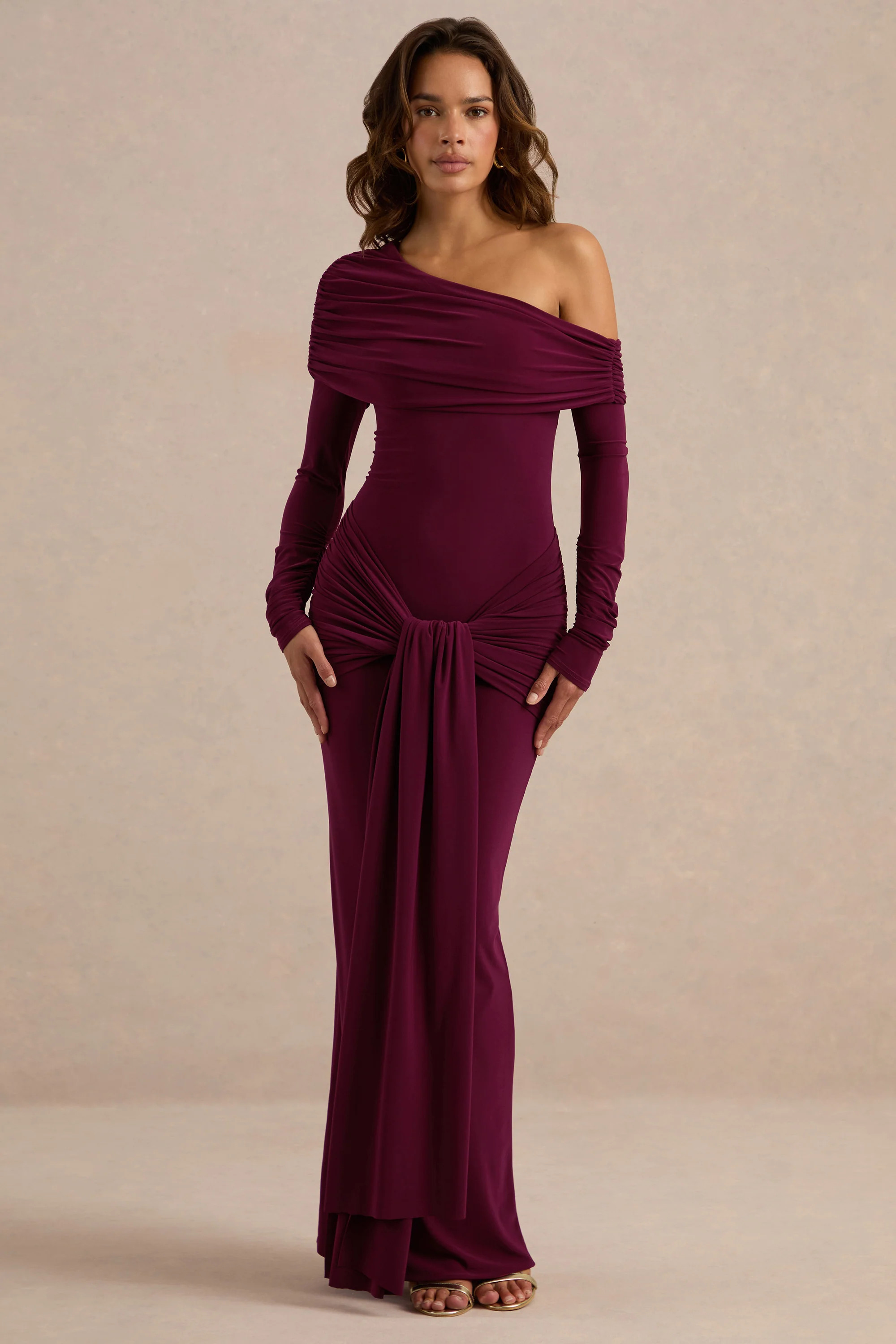 Avonlea | Burgundy Asymmetric-Neck Maxi Dress With Gathered Detailing | Club L London