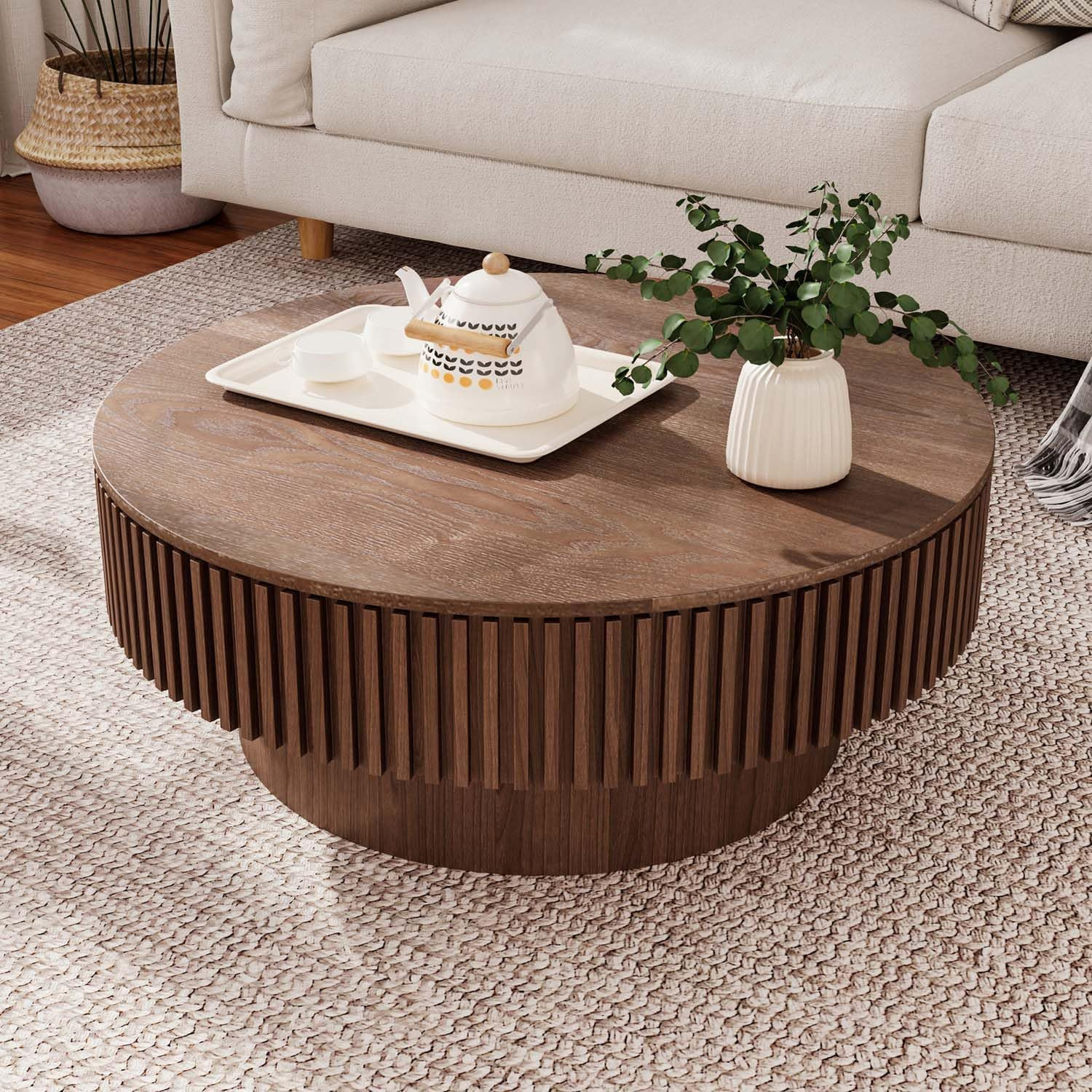 Round Coffee Table with Storage, Modern Wooden Coffee Table | with Solid Wood Veneered Circle Center Table Accent Tea Table for Living Room Small Space (31.5''L × 31.5''W × 14''H Walnut) | Amazon (US)