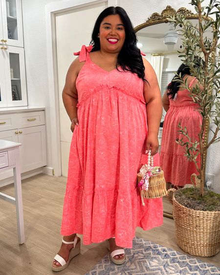 Smiles and Pearls is wearing a coral floral dress from Walmart that is under $25 in the size XXL. The wedges are wide width friendly and are true to size. Pearl bag, wicker bag, wedges, floral dress, plus size dress, wedding guest outfit, vacation outfit, pink dress, affordable dress 

#LTKsalealert #LTKcurves #LTKunder50