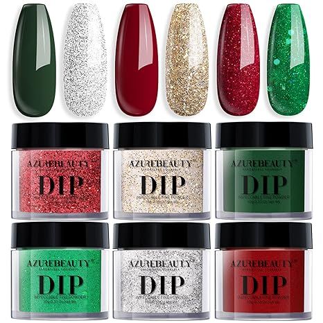 Dip Powder Set, AZUREBEAUTY 6 Colors Glitter Red Green Nail Dipping Powder French Nail Art Gel Ma... | Amazon (US)