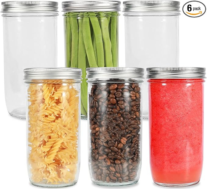 Mason Jars Wide Mouth 24oz, 6 pack Glass Pickle Canning Jars Food Storage With Airtight Mason Jar... | Amazon (US)