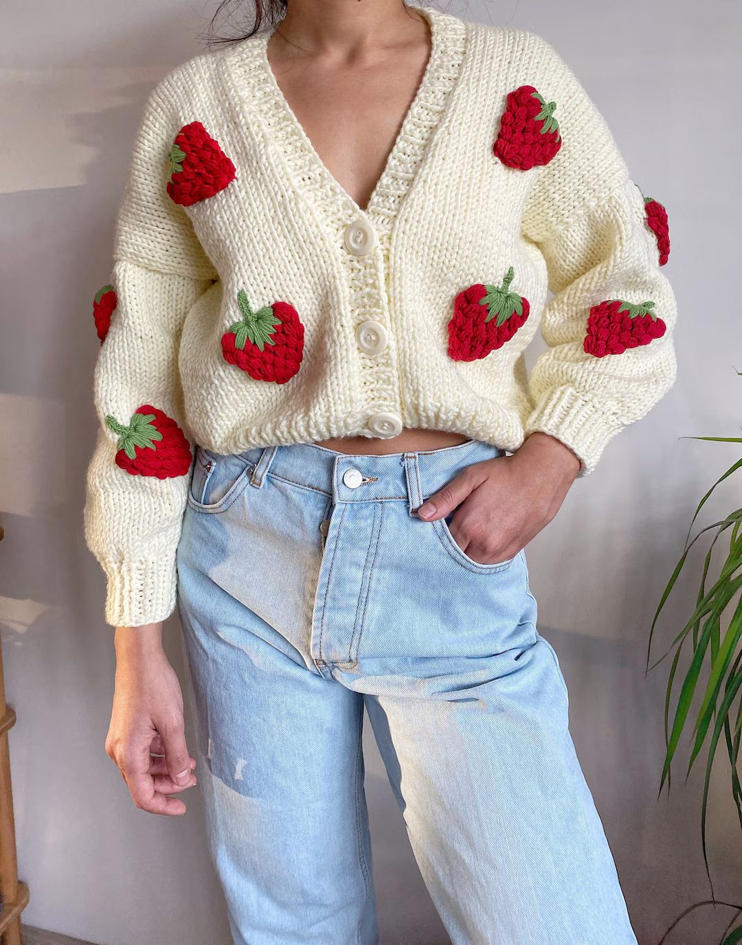 Hand Knit Chunky Strawberry Cardigan,Soft  Women Sweater,Handmade Crop Knit Outfit,Gift for her,Y... | Etsy (US)