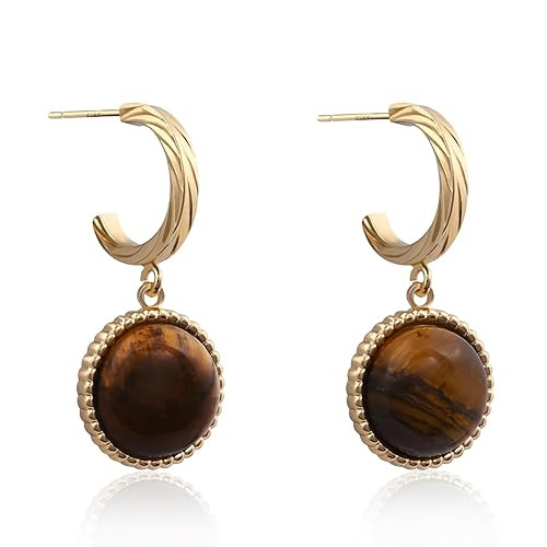 Tiger Eye Gemstone Earrings 14k Gold Plated Dangle Drop Earrings Gold Hoop Stud Earrings for Wome... | Amazon (US)