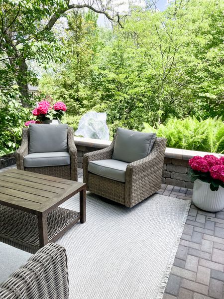 Cicada ready and on our outdoor patio. Outdoor Loloi area rug. Outdoor swivel chairs. Planters. Insect plant cover. Home decor  

#LTKHome #LTKSeasonal