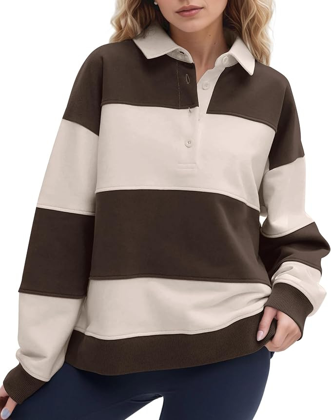 Women Oversized Striped Polo Sweatshirt Color Block Lapel Collared Pullover Tops Striped Long Sle... | Amazon (US)