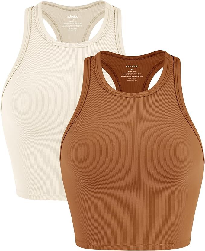 ODODOS Women's Crop 2-Pack Racerback High Neck Ribbed Cropped Tank Tops | Amazon (US)