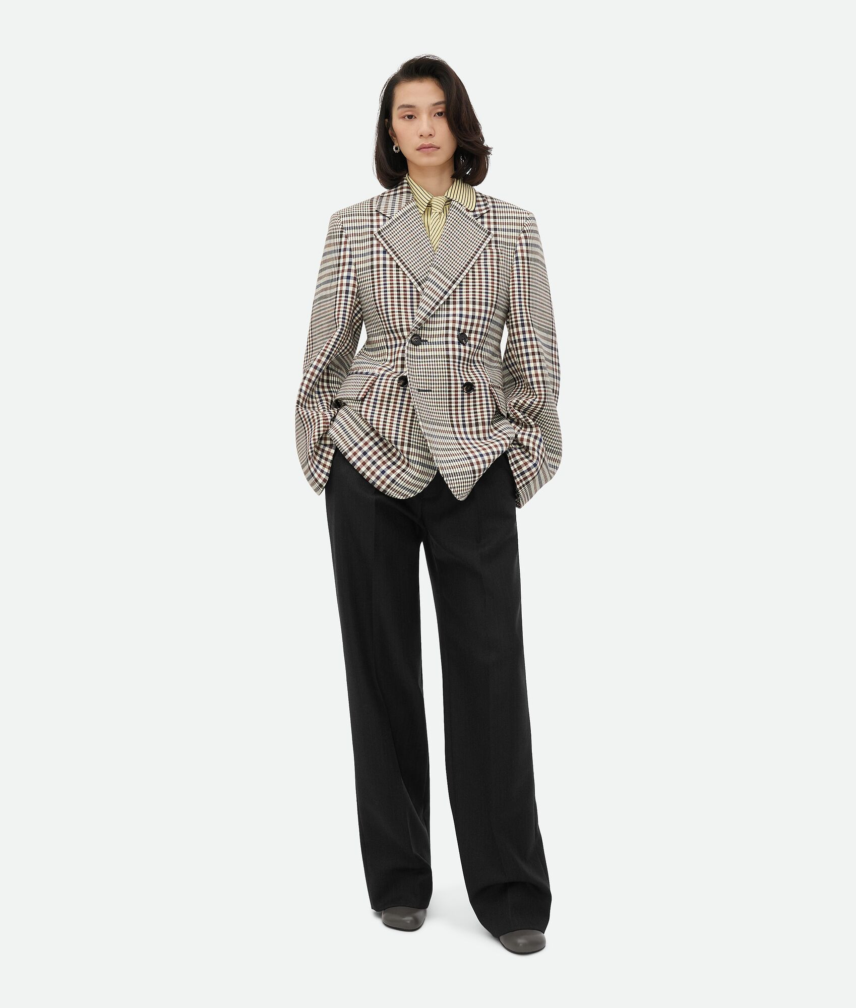 Bottega Veneta® Women's Structured Check Cotton Jacket in Pollen/brown/navy. Shop online now. | Bottega Veneta