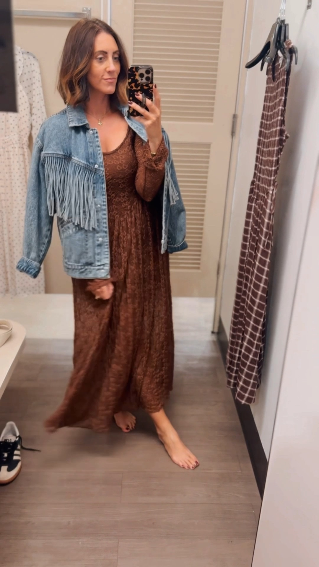 Long sleeve brown lace dress with fringe denim jacket 🤎🤎🤎

- Dress - size XS
- Jacket - size small 

Fall Dress, fall family photos, fall photoshoot, Maxi dress, lace dress, 

#LTKStyleTip #LTKOver40 #LTKSaleAlert