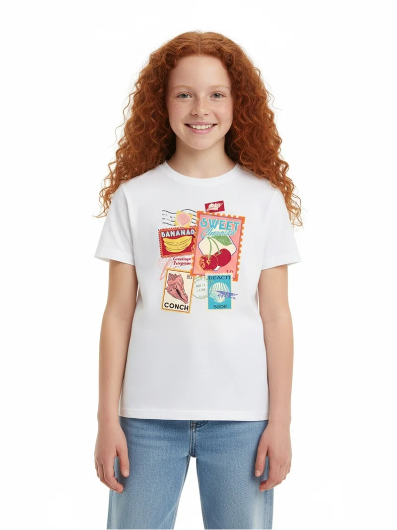 Wonder Nation Girls Vintage Stamps Graphic Tee with Short Sleeves, Sizes 4-18 | Walmart (US)