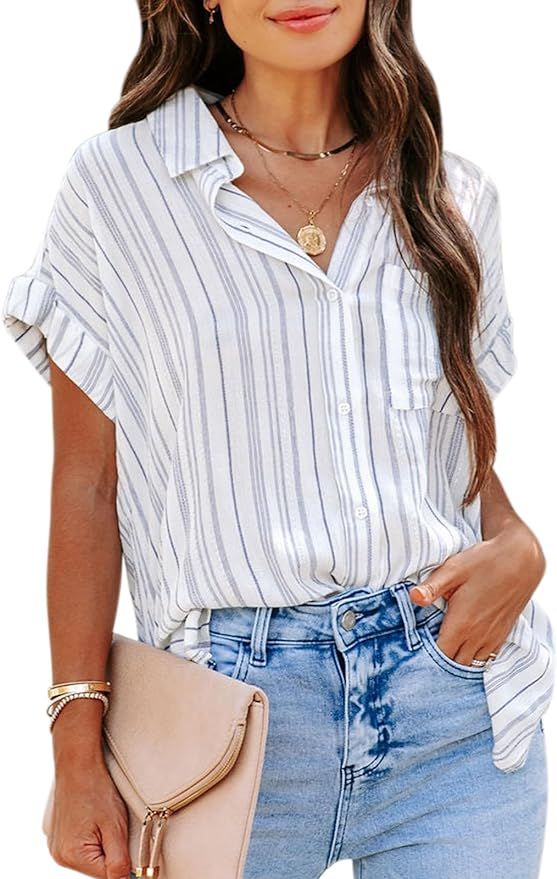 Aoudery Womens Button Down Shirts Short Sleeve Summer Linen V Neck Collared Stripes Casual Blouse... | Amazon (US)