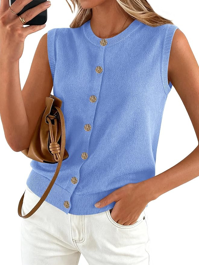 BTFBM Sweater Vest Women Casual Crewneck Loose Button Down Knit Sleeveless Cardigan 2026 Spring C... | Amazon (US)