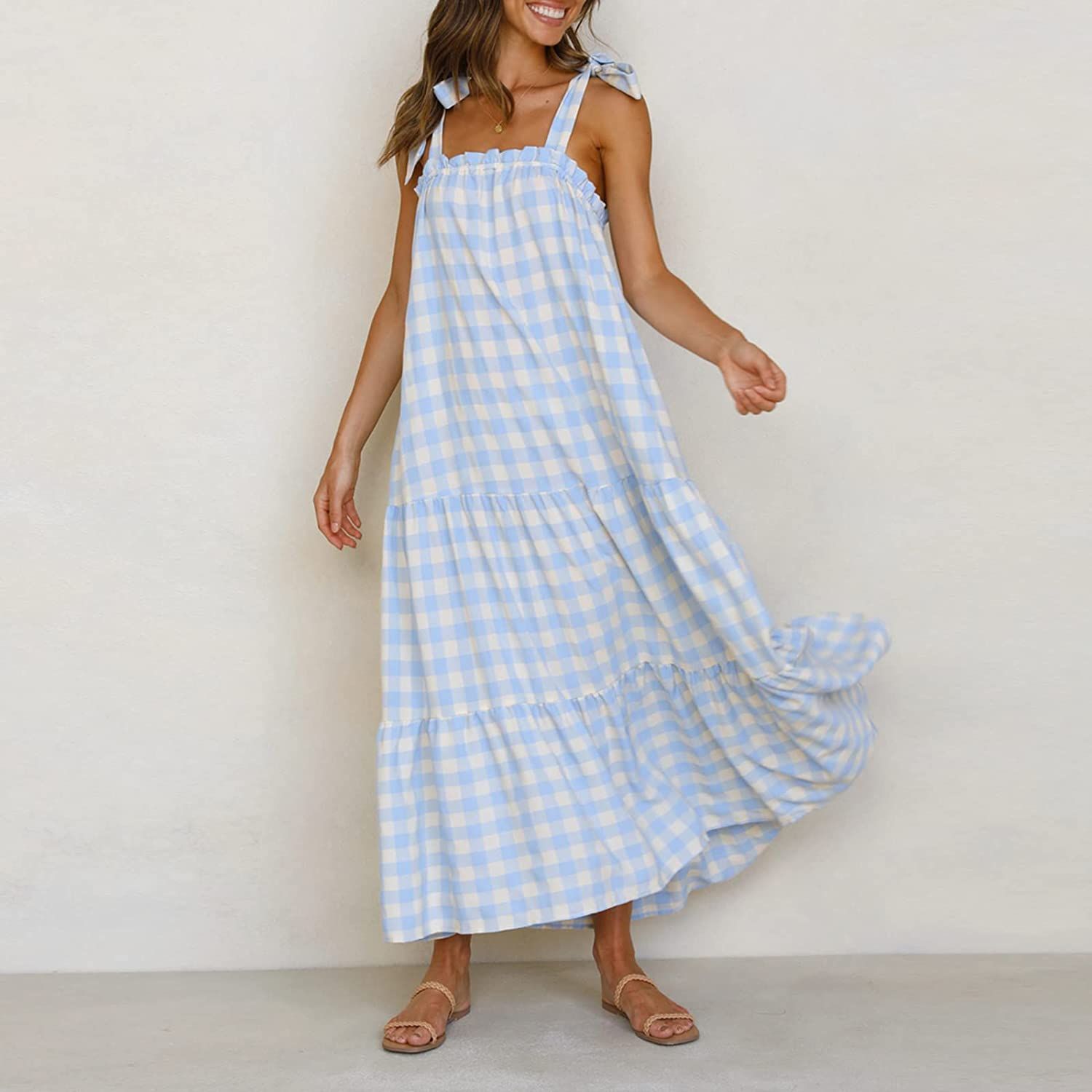 Women's Causal Summer Dress Spaghetti Strap Sleeveless Plaid Beach Boho Long Maxi Dresses with Po... | Amazon (US)