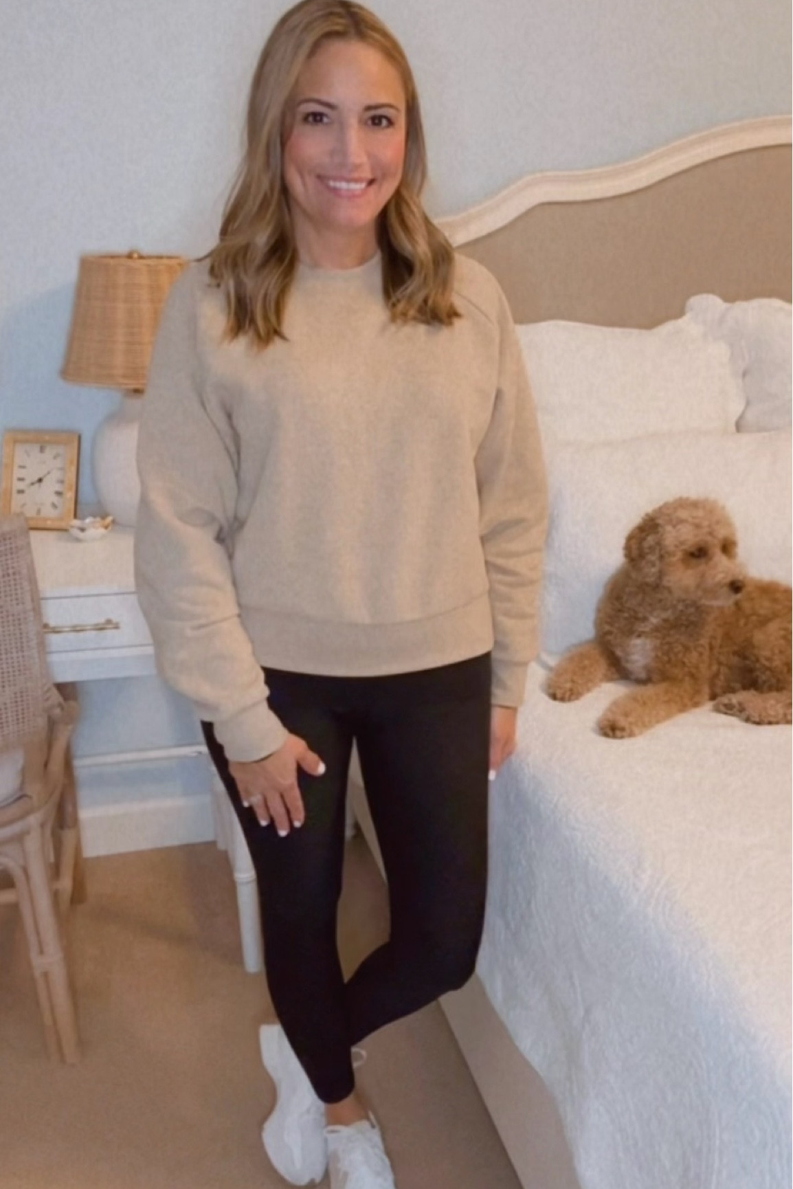 Affordable and realistic casual mom style. Crewneck sweatshirt. Leggings. New Balance 327. Cute sneakers.

#LTKActive #LTKFitness #LTKFindsUnder100