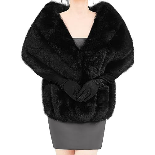 Zhanmai 2 Pcs Winter Faux Fur Long Shawl Cloak Stretchy Satin Glove Opera Bridal Dance Gloves for Women Dress Party Coat(Standard,Stylish,Black 02) | Amazon (US)