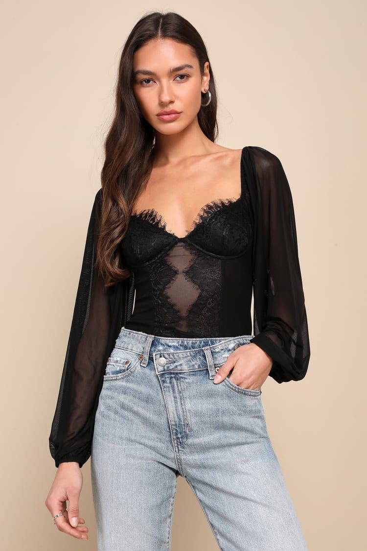 Instant Attraction Black Mesh Lace Long Sleeve Bustier Top | Lulus