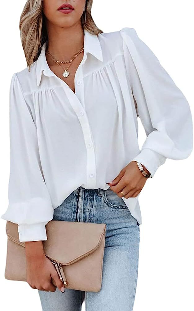 BZSFW Womens Casual Long Lantern Sleeve Blouses Tops V Neck Button Down Shirts Solid Color Turn Down | Amazon (US)