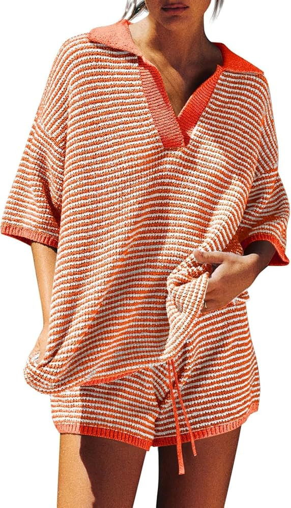 Tankaneo Womens Sweater Set 2 Piece Outfits 3/4 Sleeve Tops Shorts Lounge | Amazon (US)