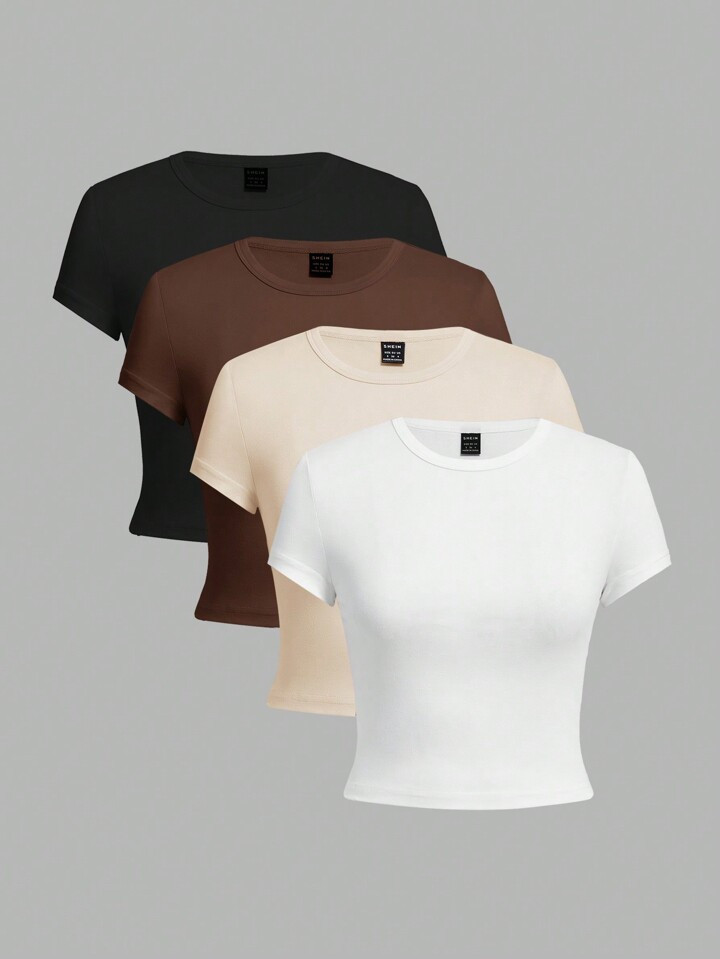 SHEIN EZwear 4 peças/Conjunto Camisetas Curtas de Manga Curta Ajustadas com Decote Redondo, Colo... | SHEIN