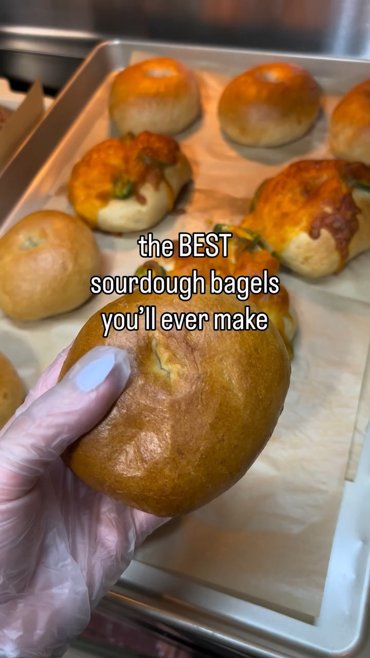 the BEST sourdough bagels you’ll ever make 🥯✨
golden outside, soft + chewy inside… just how they should be 👌🏻

ingredients:
• 150g active bubbly starter
• 250g warm filtered water
• 500g bread flour
• 40g sugar
• 12g salt
• 20g honey (for boil)

instructions:
	1.	mix starter + water until milky
	2.	add flour + salt + sugar, mix until combined
	3.	knead 5–6 min (by hand is best 🤍)
	4.	cover + rest 60 min
	5.	do a set of stretch & folds
	6.	let rise overnight (or until doubled – my house is ~70°F) more warmer - they will rise quicker 
	7.	divide dough into 8 equal pieces
	8.	shape into bagels
	9.	cover + second rise until puffy (about 1–1.5 hours)
	10.	boil in honey water (30 sec each side)
	11.	bake at 425°F for 20–25 min until golden brown

👉 save this for your next sourdough bake.

#sourdough 
#sourdoughbaking
#bagel 
#homebaker
#freshbaked

#LTKKids #LTKfoodie #LTKselfcare