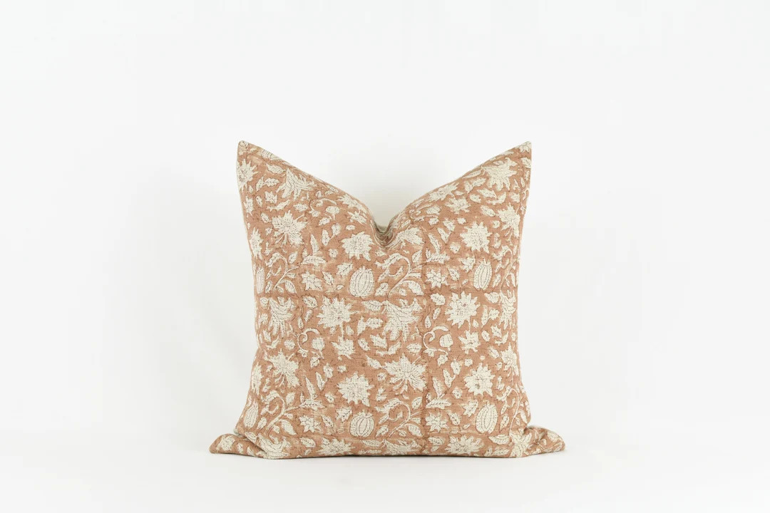 Terracotta Floral Pillow Cover: Woven Linen Block Print with Brass Zipper | Etsy (US)