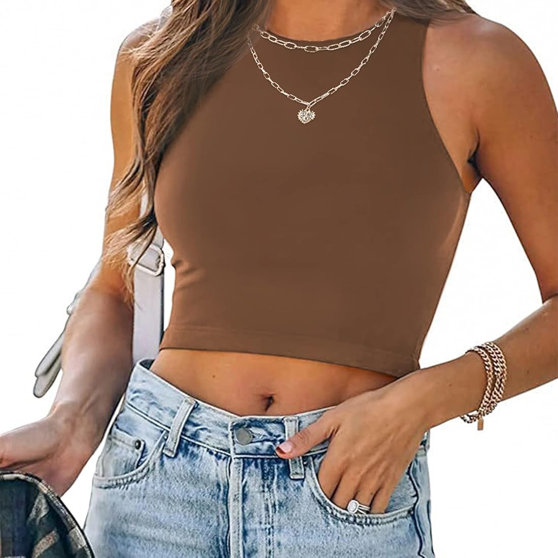 Tank Top for Women Sleeveless Crop Tops Double Layer Square Neck Tanks Crop | Amazon (US)