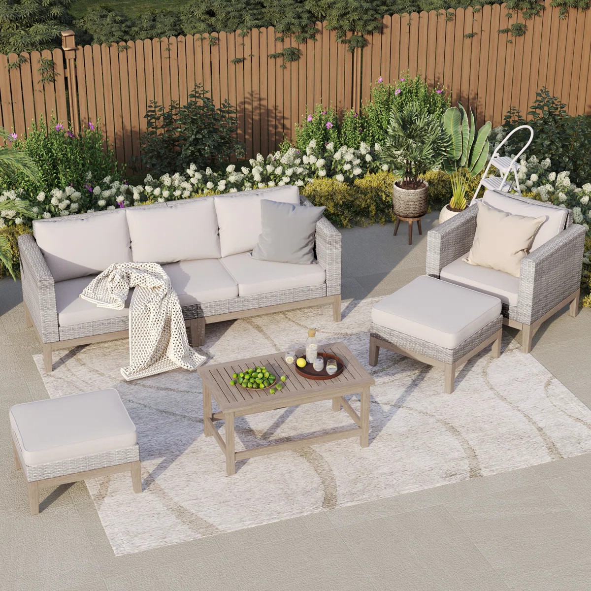 Romin 6-Person Outdoor Patio Conversation Furniture Set with Acacia Wood Coffee Table | Wayfair North America