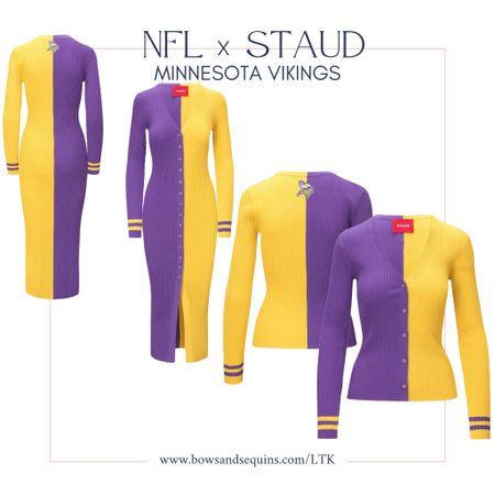 Staud x NFL: Minnesota Vikings 💜💛 (Cue the Lizzo lyrics!) 

Purple & Gold Colorblocked Sweater Dress and Preppy Cardigan

So cute for football game day! 🏈

#LTKSeasonal #LTKstyletip