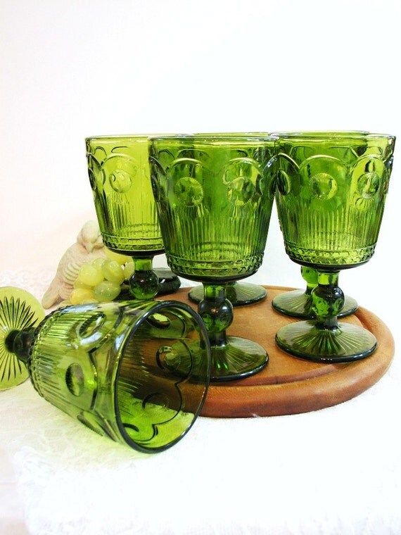 Vintage Green Glass Stemware, Swanky Bartlett-Collins MANHATTAN Green Glass Goblets, Set of 6 ... Wi | Etsy (US)