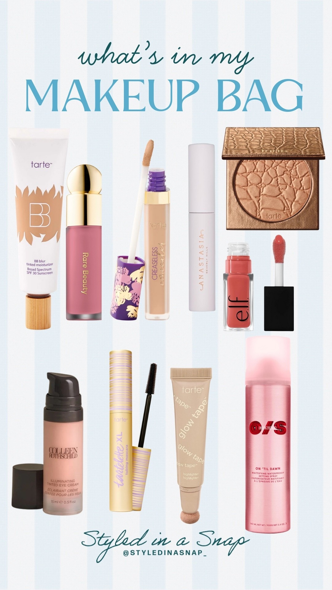 I find myself sticking to the less is more motto when it comes to makeup and these keep my face looking fresh and not overdone. Tarte is one of my favorite brands;  I swear by their creaseless concealer, mascara, bb cream and highlighter wand. Elf is one of the best drugstore brands that has gorgeous lip oil and this tinted eye cream is a must for tired moms.  
Makeup essentials 

#LTKOver40 #LTKBeauty #LTKPetite