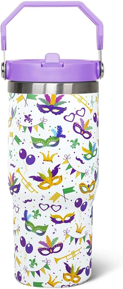 30oz Mardi Gras Tumbler with Handle Lid and Straw,30 Oz Mardi Gras Coffee Mugs Water Bottles Wine... | Amazon (US)