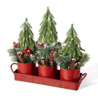 21 in. L Christmas Metal Potted Triple Trees Centerpiece or Table Tree | The Home Depot