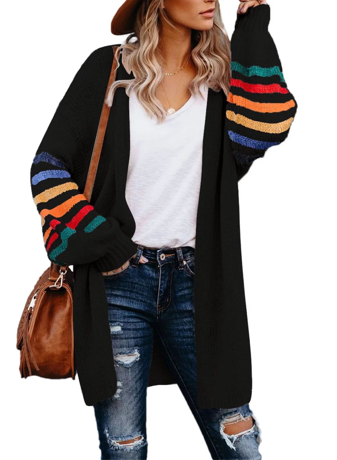 Aleumdr Women's Striped Knitted Cardigan Winter Warm Black Batwing Sleeve Outwear Coat 8 10 - Wal... | Walmart (US)