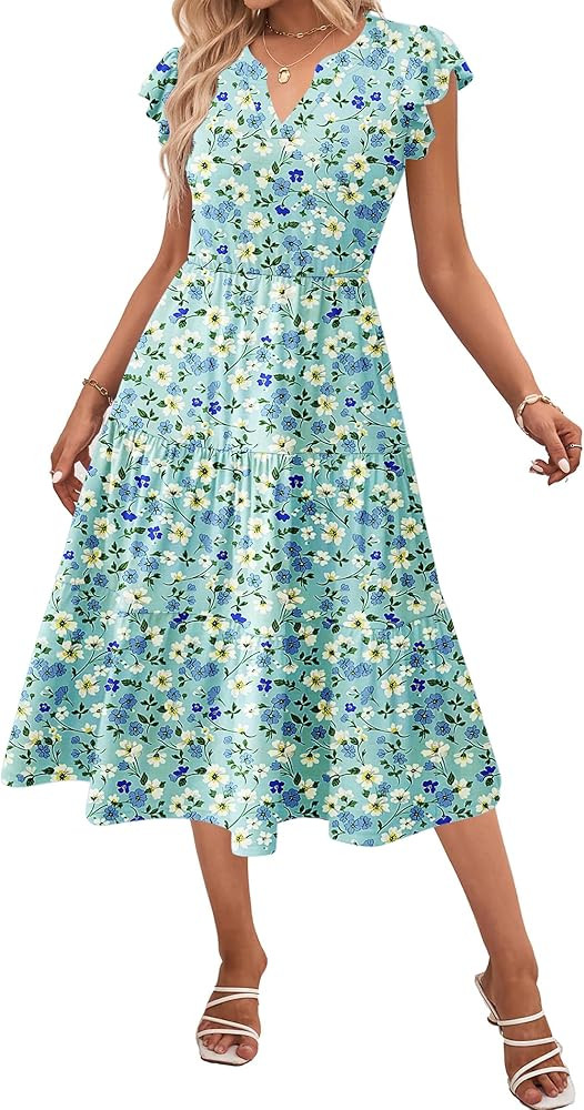 ZEAGOO Womens Summer Casual Dresses Ruffle Sleeve V Neck Midi Dress Flowy Tiered Dress with Pocke... | Amazon (US)