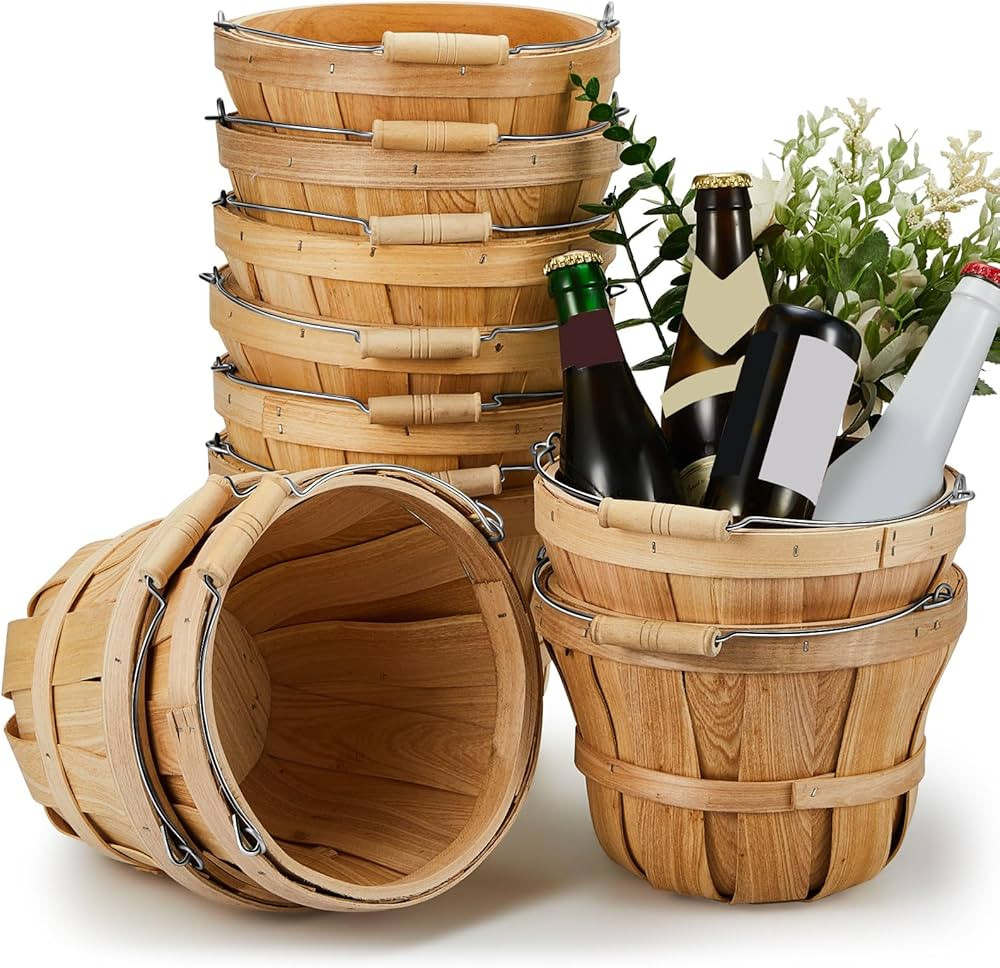 Marsui 10 Pcs 5.9 x 7.5'' Round Wooden Baskets Easter Portable Wood Fruit Buckets with Handles Ga... | Amazon (US)