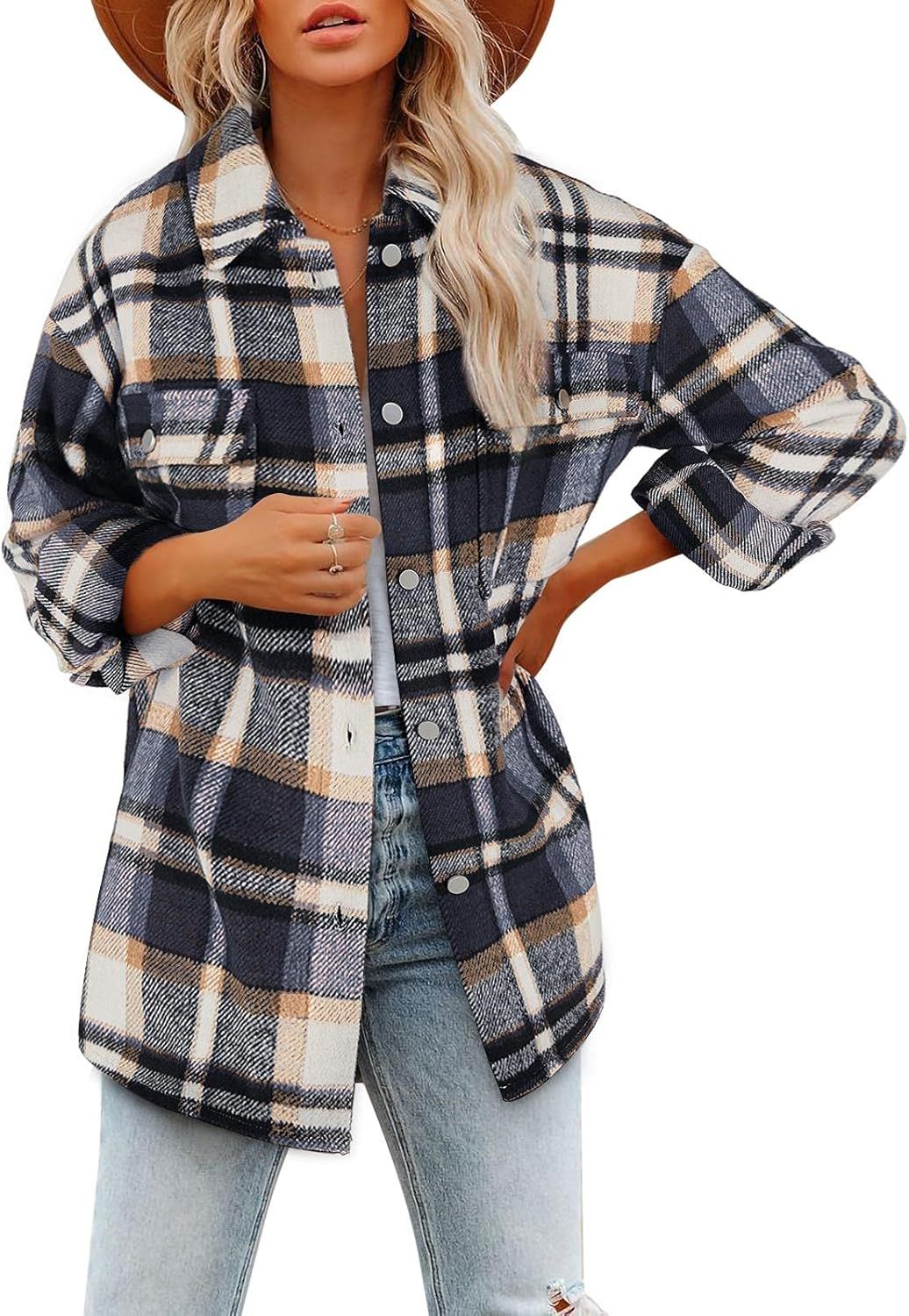 Women's Brushed Plaid Shirts Long Sleeve Flannel Lapel Button Down Pocketed Shacket Jacket Coats | Amazon (US)