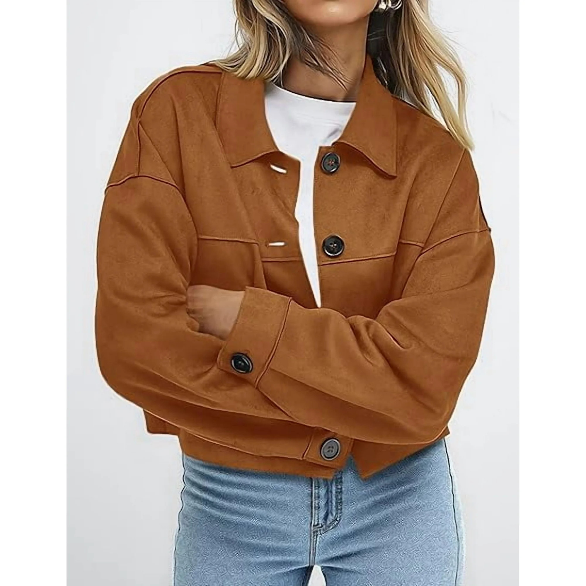 PRETTYGARDEN Women's Faux Suede Cropped Jacket Casual Fall Fashion Button Down Winter Coats Outer... | Walmart (US)